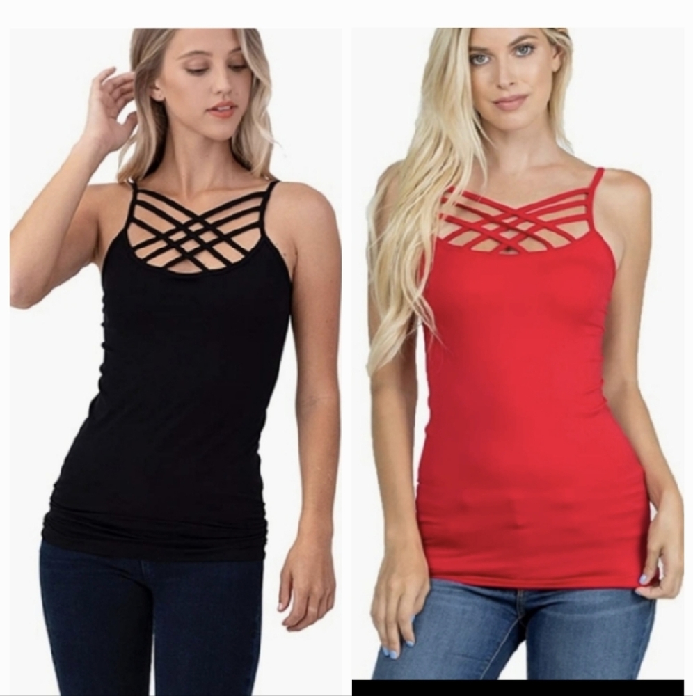 Qty 2 Black & Red Criss Cross Strappy Tank L/XL